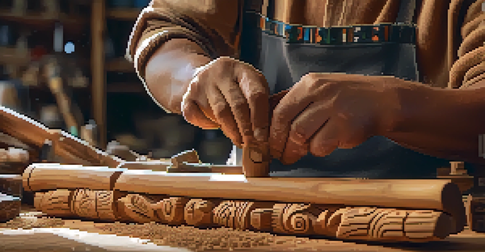 An artisan meticulously carving a wooden totem pole, surrounded by tools and wood shavings in a sunlit workshop.