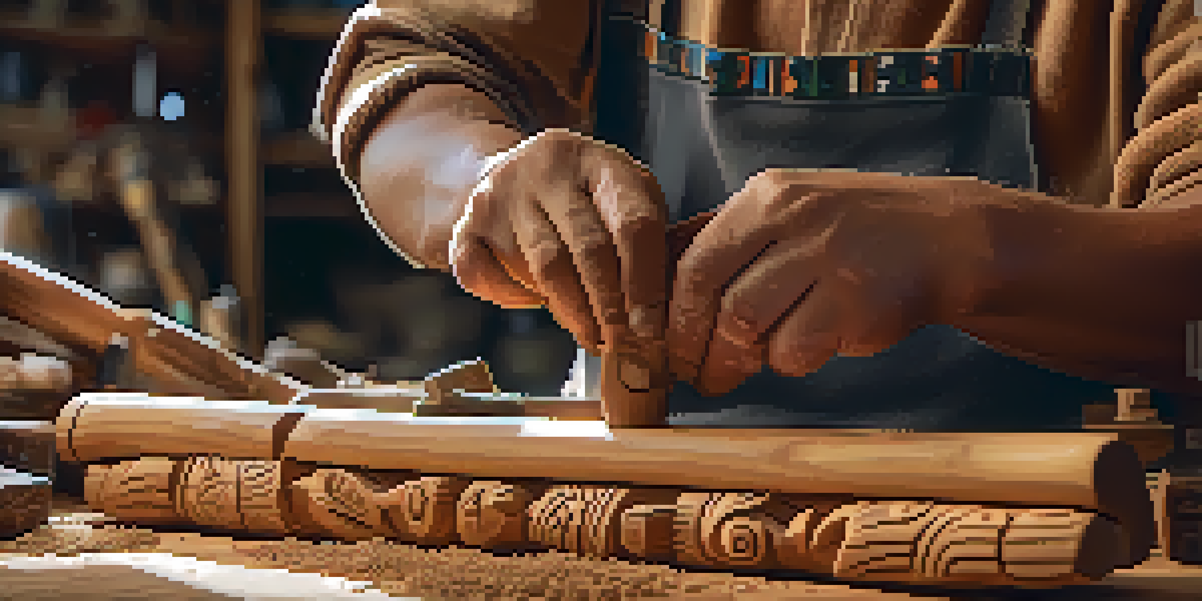 An artisan meticulously carving a wooden totem pole, surrounded by tools and wood shavings in a sunlit workshop.
