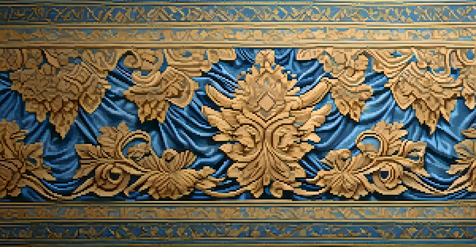 A draped piece of carved textile displayed against a neutral background, highlighting its detailed patterns and vibrant colors.