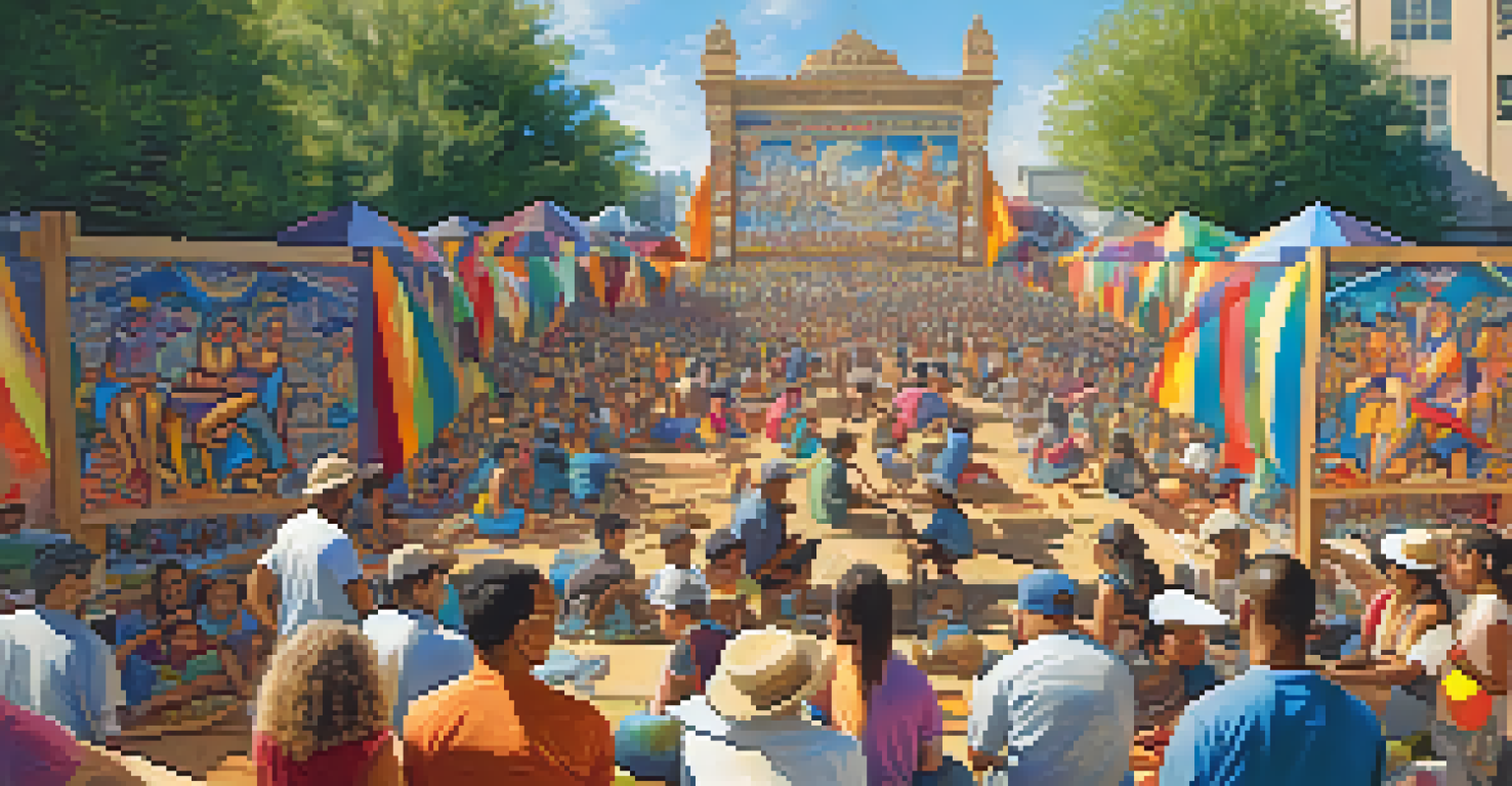 Artists from different cultures collaborating on a large carving project at an outdoor festival, surrounded by colorful banners.