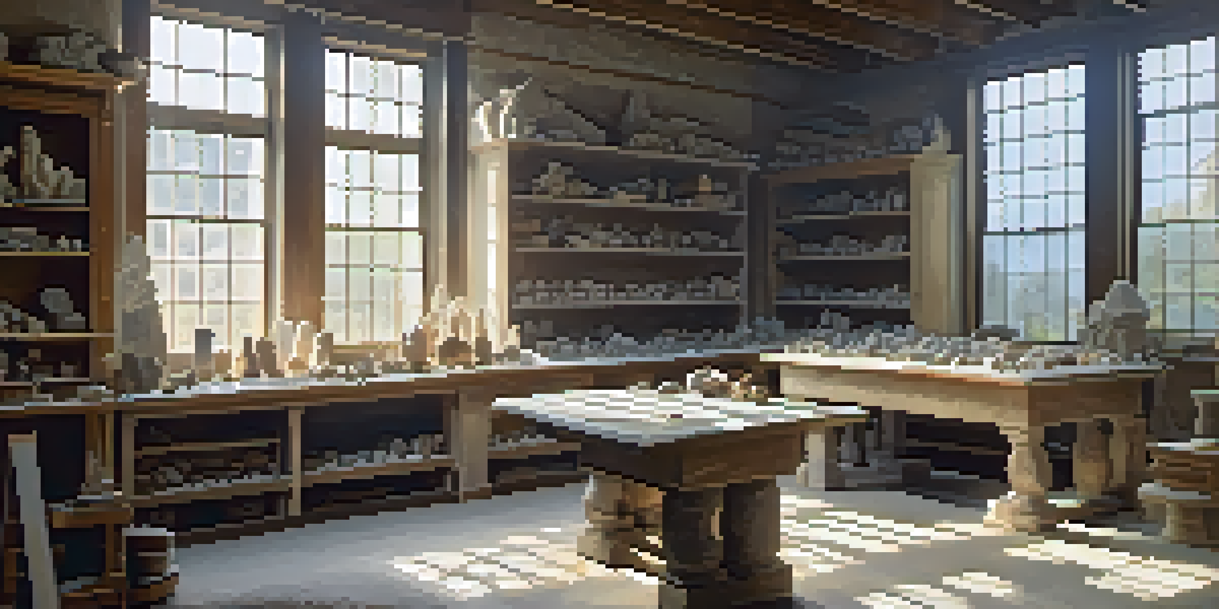 An interior view of a stone carving workshop showcasing different types of stones and tools, with natural light illuminating the space.