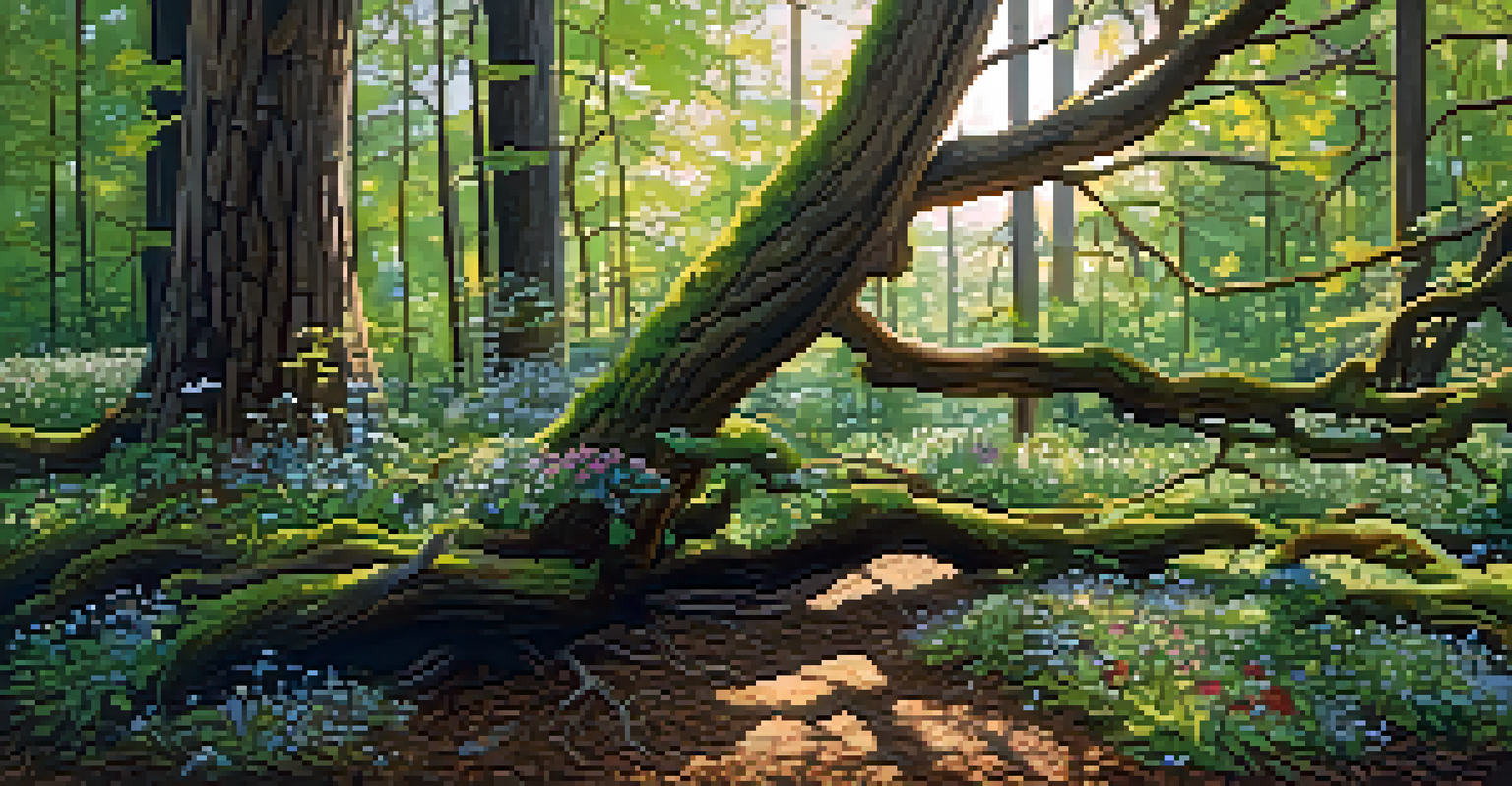 A tranquil forest scene with twisted tree branches and colorful wildflowers under sunlight.