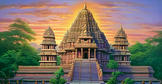 A Hindu temple with intricate stone carvings under a colorful sunset.