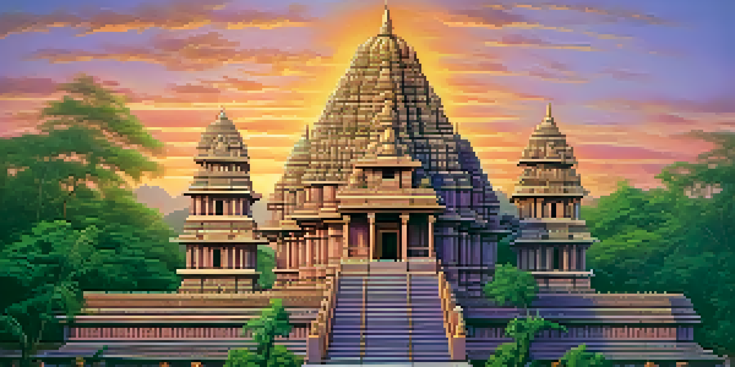 A Hindu temple with intricate stone carvings under a colorful sunset.