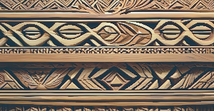 A close-up view of a Native American wooden carving with intricate nature-inspired patterns, illuminated by gentle sunlight in a natural setting.