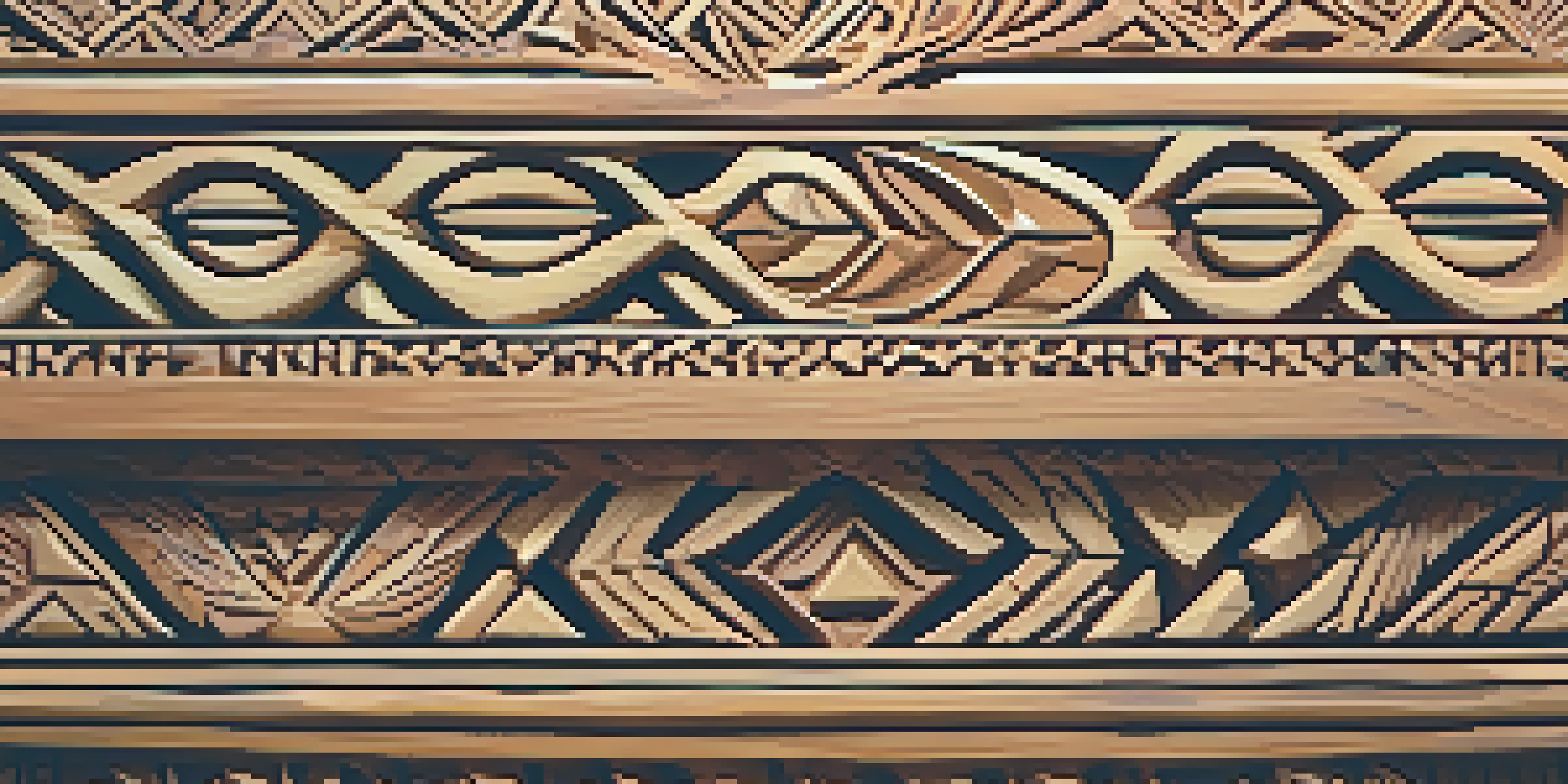 A close-up view of a Native American wooden carving with intricate nature-inspired patterns, illuminated by gentle sunlight in a natural setting.