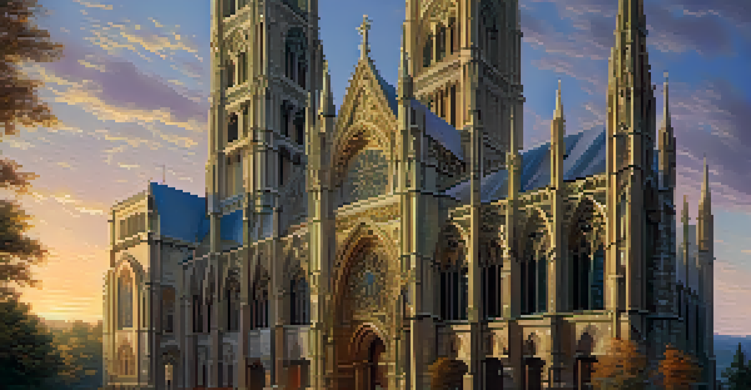 A Gothic cathedral with elaborate stone carvings illuminated by sunset, showcasing biblical figures against a twilight sky.