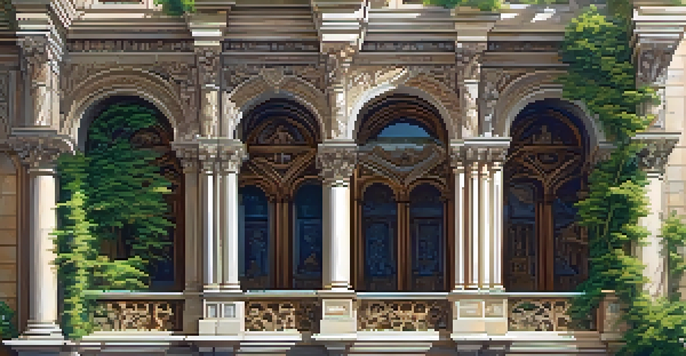 A Renaissance architectural facade with intricate stone carvings depicting biblical scenes, illuminated by soft sunlight with greenery surrounding it.