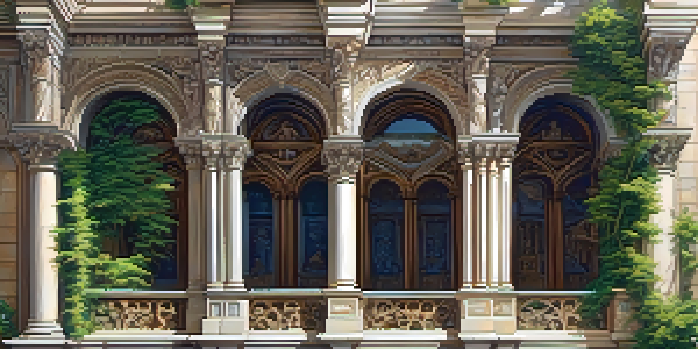 A Renaissance architectural facade with intricate stone carvings depicting biblical scenes, illuminated by soft sunlight with greenery surrounding it.