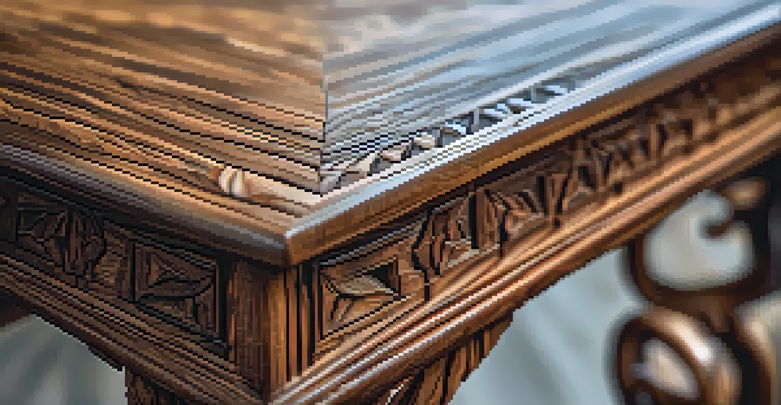 A close-up view of a carved side table made from reclaimed wood, showcasing intricate details.
