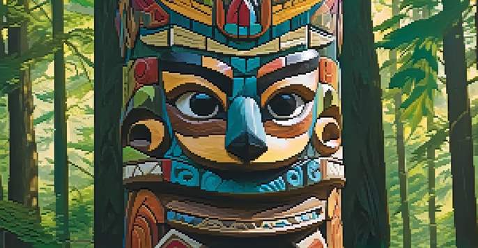 A detailed wooden totem pole with colorful carvings of animals and ancestral figures, set against a green forest background with sunlight filtering through the leaves.
