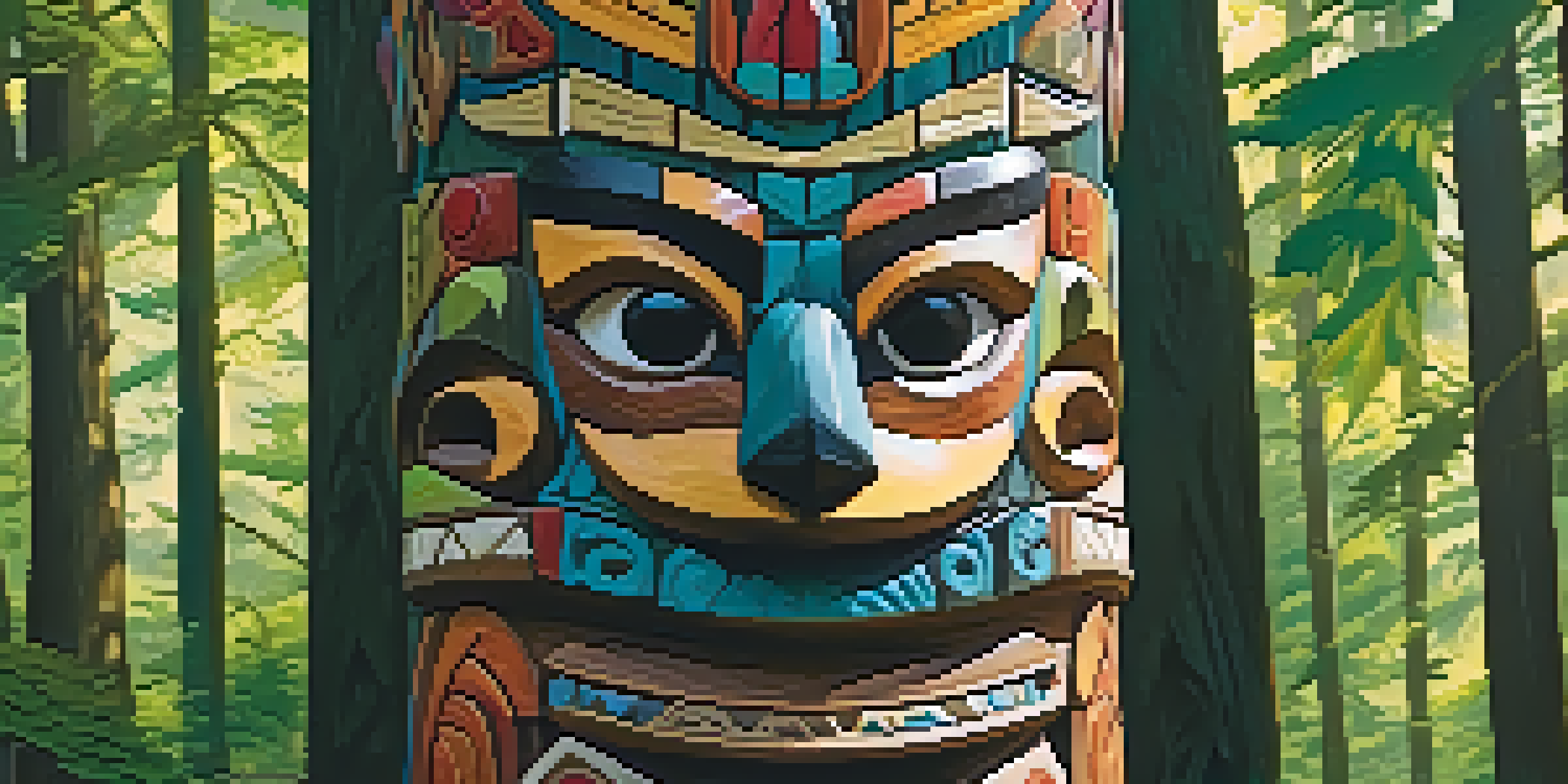A detailed wooden totem pole with colorful carvings of animals and ancestral figures, set against a green forest background with sunlight filtering through the leaves.