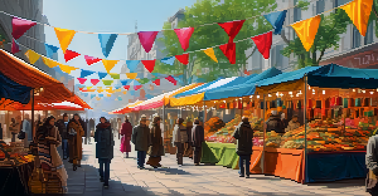 An outdoor art market with artists displaying carved creations and shoppers browsing.