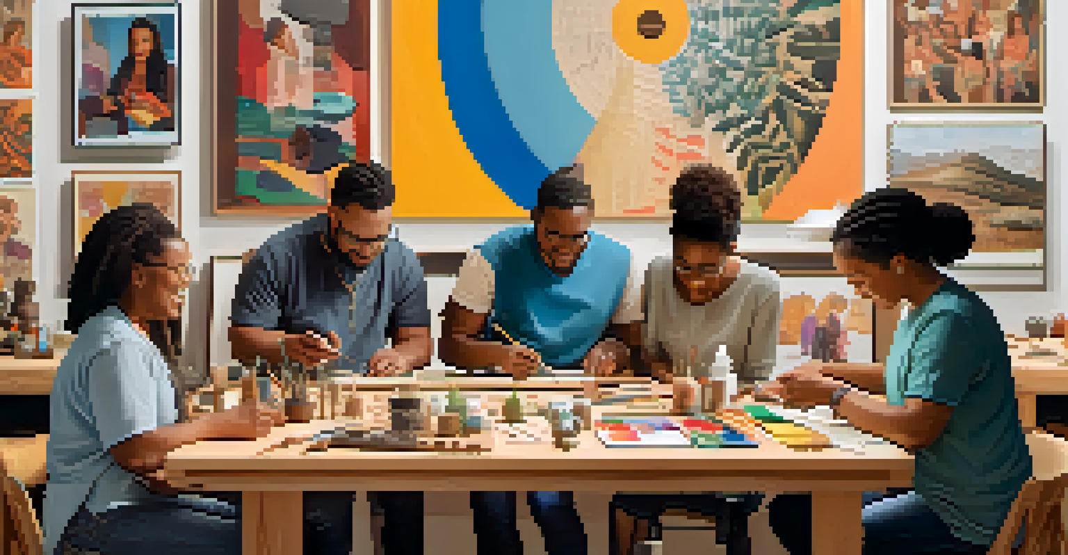 An inviting carving workshop space with posters of diverse role models, colorful artwork, and participants engaged in discussions.