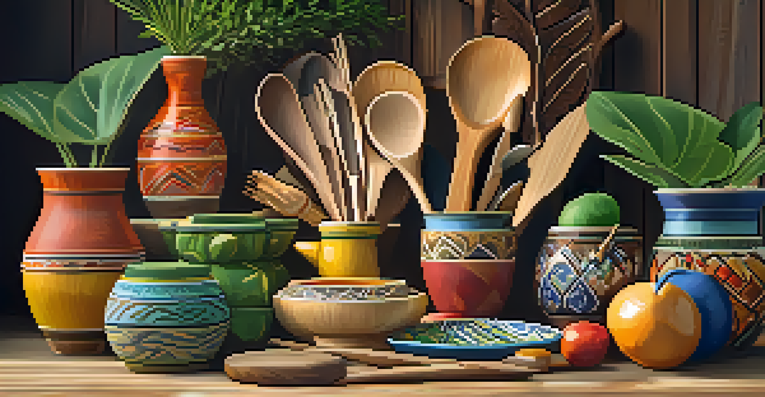 A display of handcrafted wooden utensils with unique carvings on a rustic table, surrounded by greenery and soft sunlight.