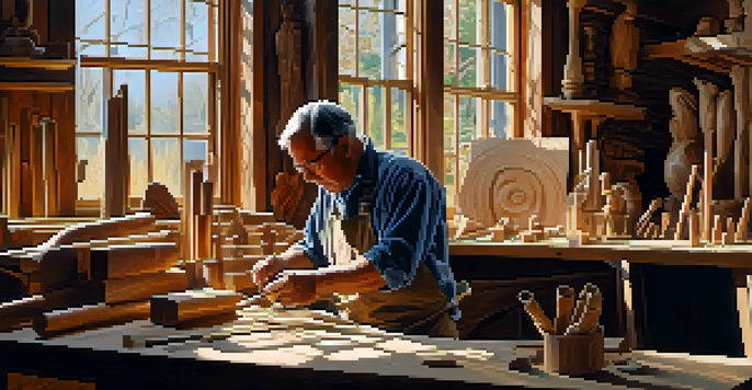 A wood carver in a bright workshop, crafting wooden sculptures with chisels and mallets, surrounded by various finished pieces.