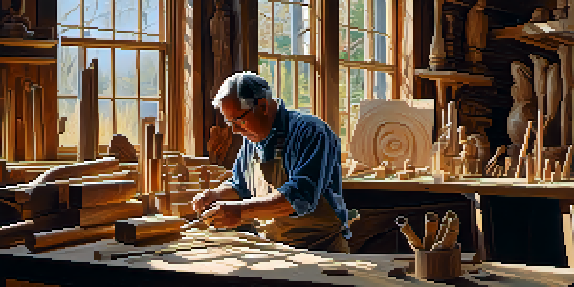A wood carver in a bright workshop, crafting wooden sculptures with chisels and mallets, surrounded by various finished pieces.