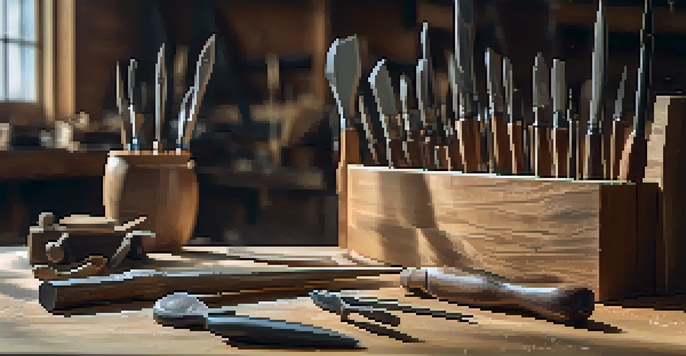 A display of various carving tools on a wooden workbench, illuminated by warm natural light, with a blurred workshop background.