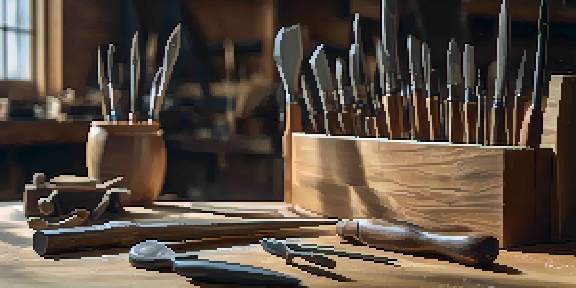 A display of various carving tools on a wooden workbench, illuminated by warm natural light, with a blurred workshop background.