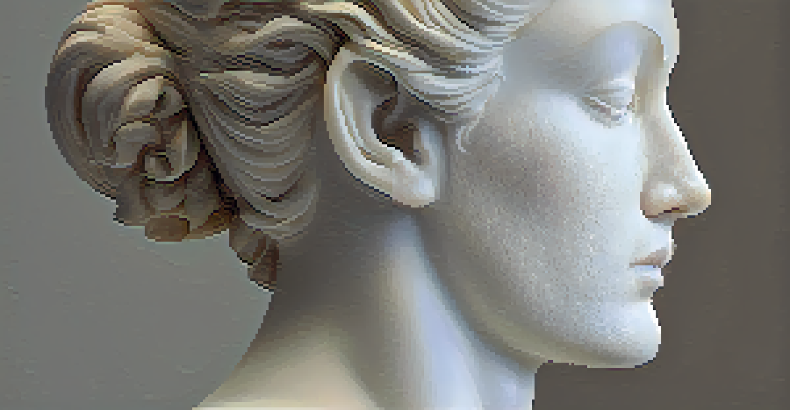 Close-up of a marble sculpture of a human figure, highlighting its smooth textures and detailed features against a soft background.