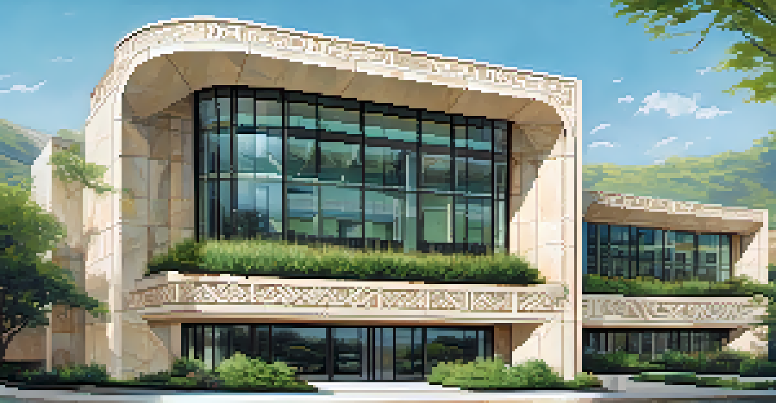 Modern building with carved stone elements, showcasing geometric patterns and local motifs, surrounded by greenery under a sunny sky.