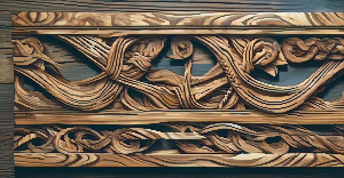 A detailed view of beautifully carved recycled wood with visible knots and grains, illuminated by soft natural light.