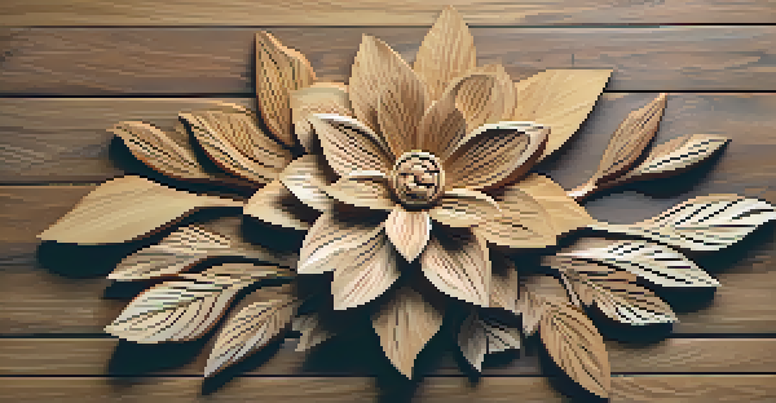 A beautifully finished floral wood carving on a rustic table, showcasing depth and natural grain.