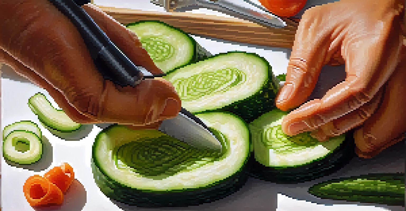 A close-up of a hand carving a cucumber into a spiral, with carving tools visible in the background.