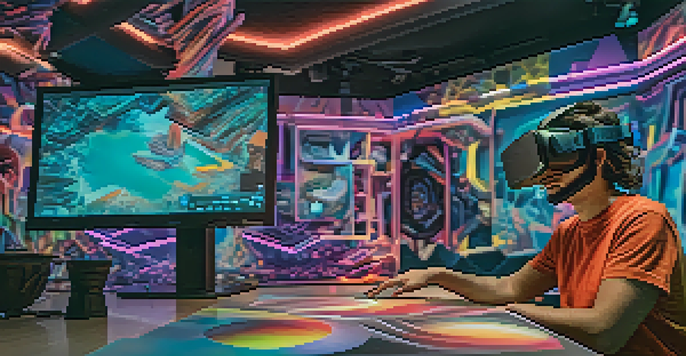 An artist using virtual reality to sculpt, wearing a headset and gloves, surrounded by colorful digital tools and a glowing sculpture.
