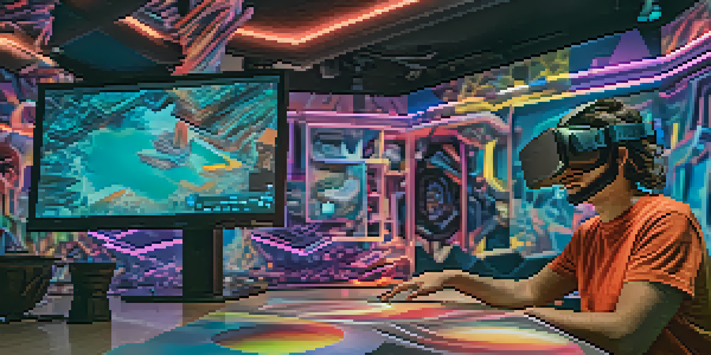 An artist using virtual reality to sculpt, wearing a headset and gloves, surrounded by colorful digital tools and a glowing sculpture.