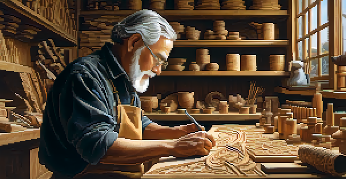 An elderly artisan carving intricate patterns into wood in a warm, inviting workshop filled with tools and finished carvings.