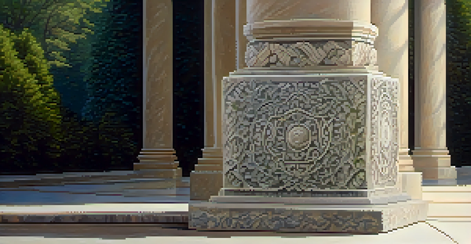 A decorative stone carving on a pedestal with intricate patterns and varied textures, illuminated by soft lighting.