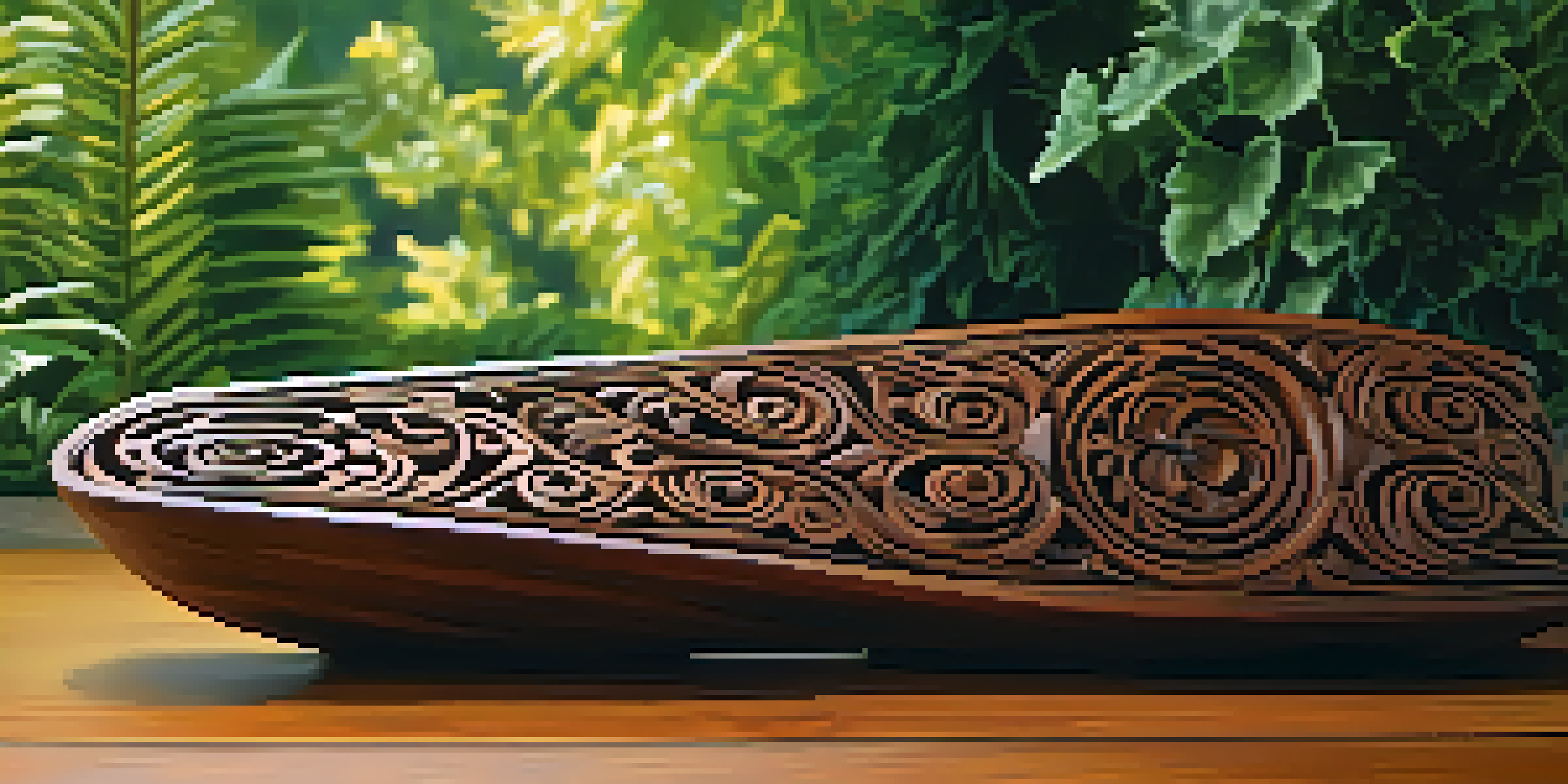 A detailed wooden sculpture with intricate carvings, surrounded by greenery and softly lit by natural light.