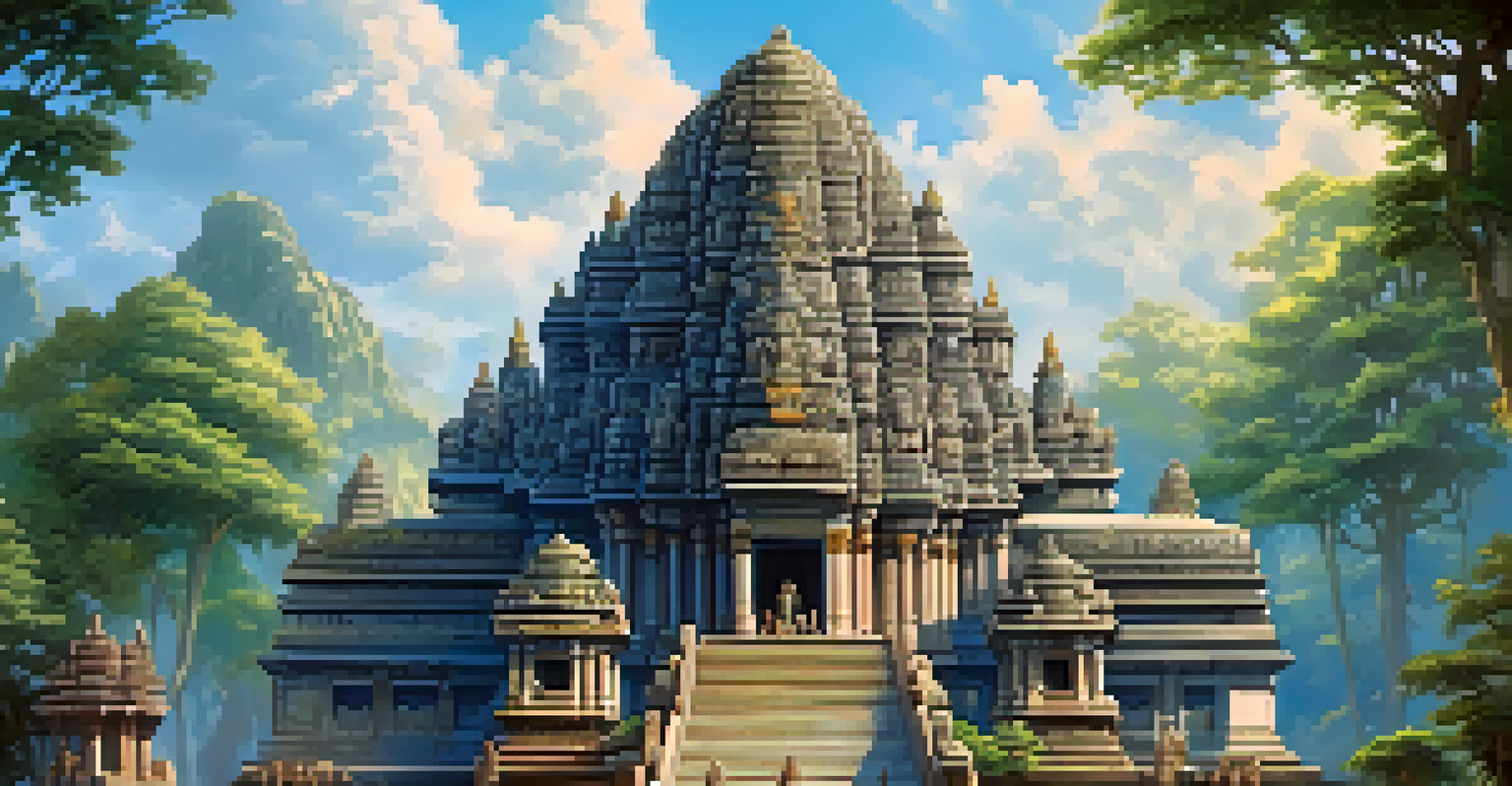 A stone temple with detailed carvings of deities, surrounded by greenery under a clear blue sky.