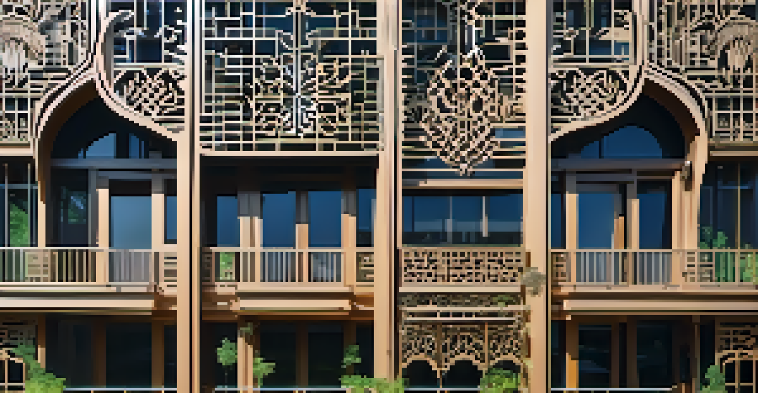 A modern building with traditional carving motifs in laser-cut metal, surrounded by greenery, showcasing a blend of old and new.