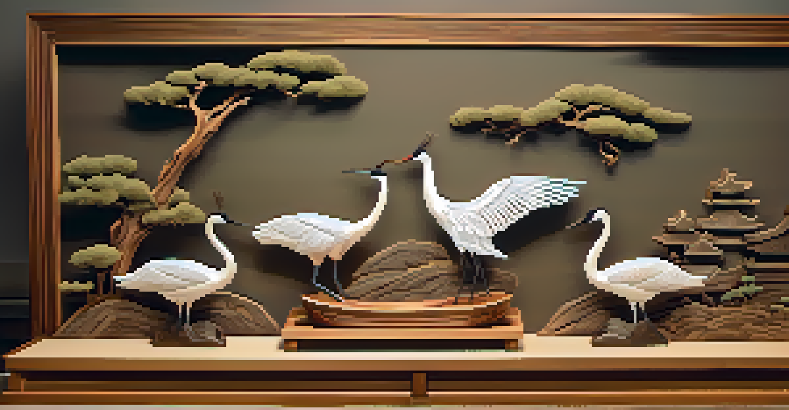 A collection of traditional Japanese wood carvings, including cranes and pine trees, arranged on a wooden table with soft lighting.