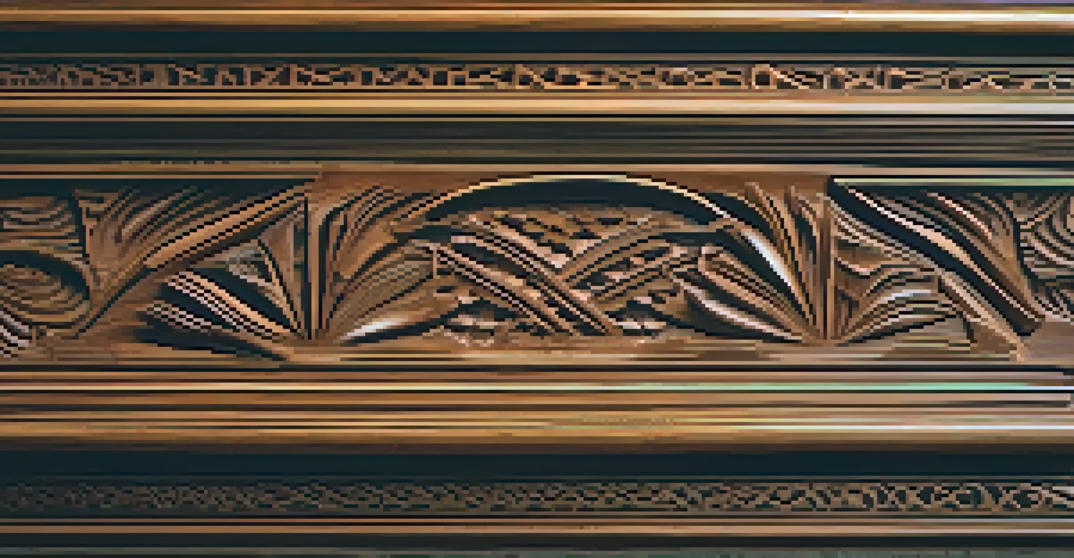 A close-up view of a finely carved wooden piece, showcasing intricate patterns and textures illuminated by soft lighting.
