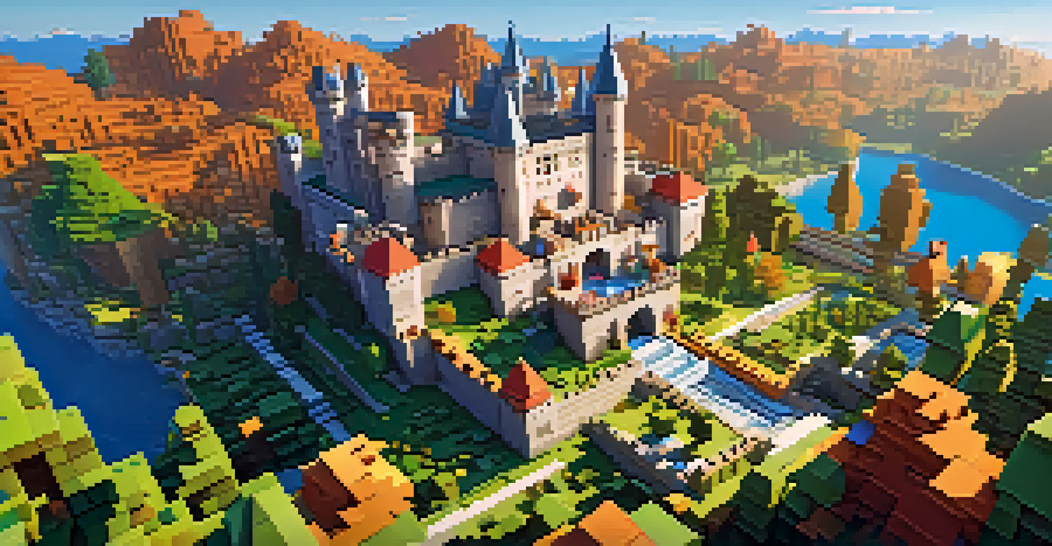 A digital landscape with a blocky castle, hills, and players interacting with the environment.