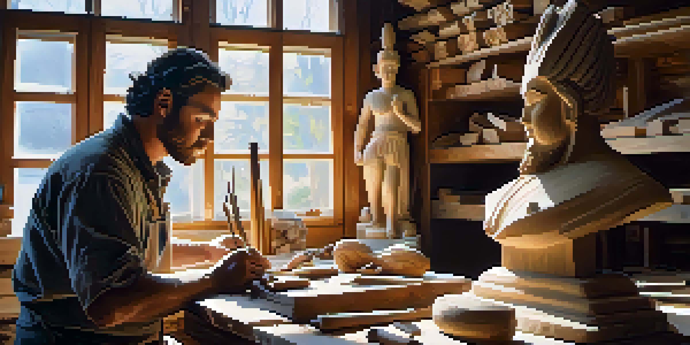 An artisan in a workshop, carving a wooden statue with traditional tools, surrounded by wood shavings and soft natural light.