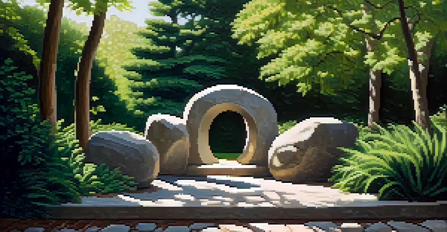 A stone sculpture in an outdoor garden, surrounded by greenery, blending stone and wood textures under soft sunlight.