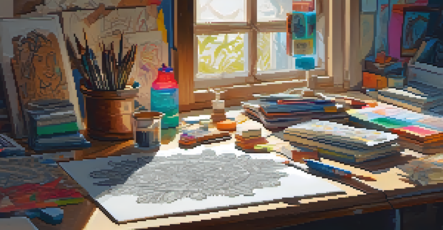 An artist's workspace with a designer sketching puzzle game elements, colorful markers, and a laptop, illuminated by natural light.