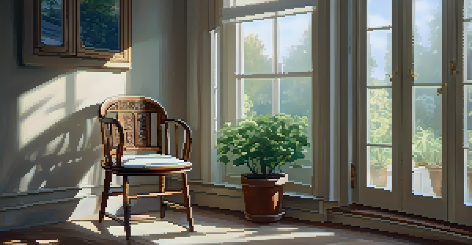 A carved wooden chair bathed in soft sunlight near a window, with delicate shadows highlighting its intricate details.