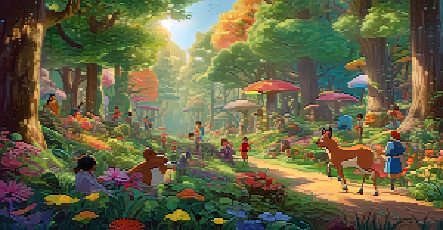 A colorful animated forest scene with diverse characters interacting, illuminated by soft sunlight.