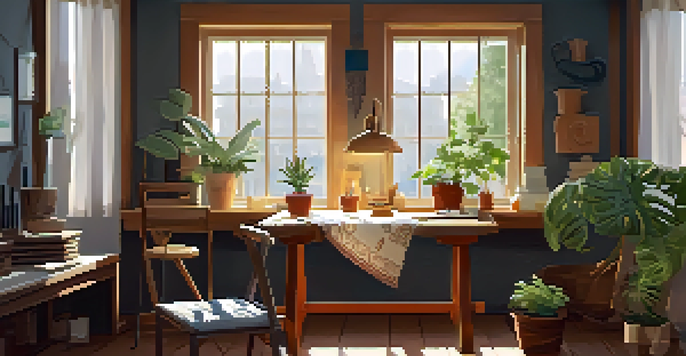 A peaceful carving workspace with a wooden table, carving tools, a cozy chair, and plants, illuminated by soft sunlight.
