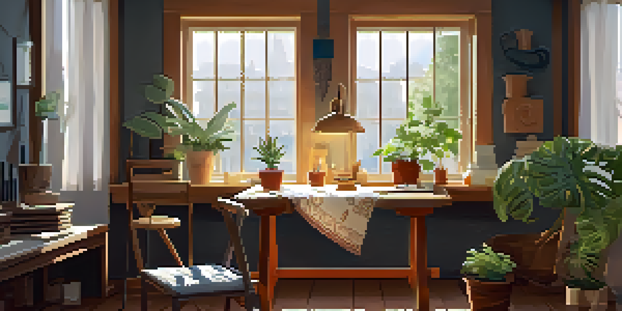 A peaceful carving workspace with a wooden table, carving tools, a cozy chair, and plants, illuminated by soft sunlight.