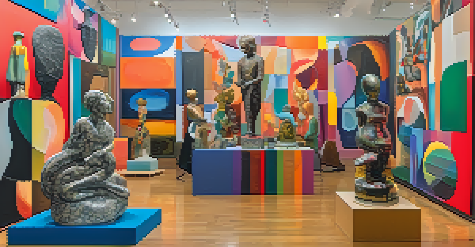 A colorful collaborative art installation showcasing modernist sculptures by different artists, with viewers interacting with the pieces.
