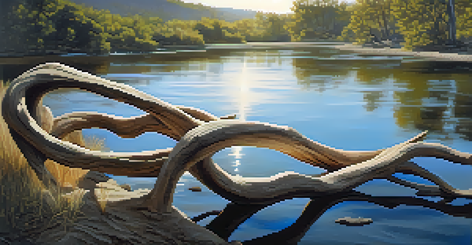 A driftwood sculpture beside a river, reflecting the natural curves of the water and bathed in sunlight.