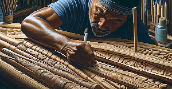 An Indigenous artisan focused on carving a detailed wooden totem pole, surrounded by tools and natural light highlighting the wood's texture.