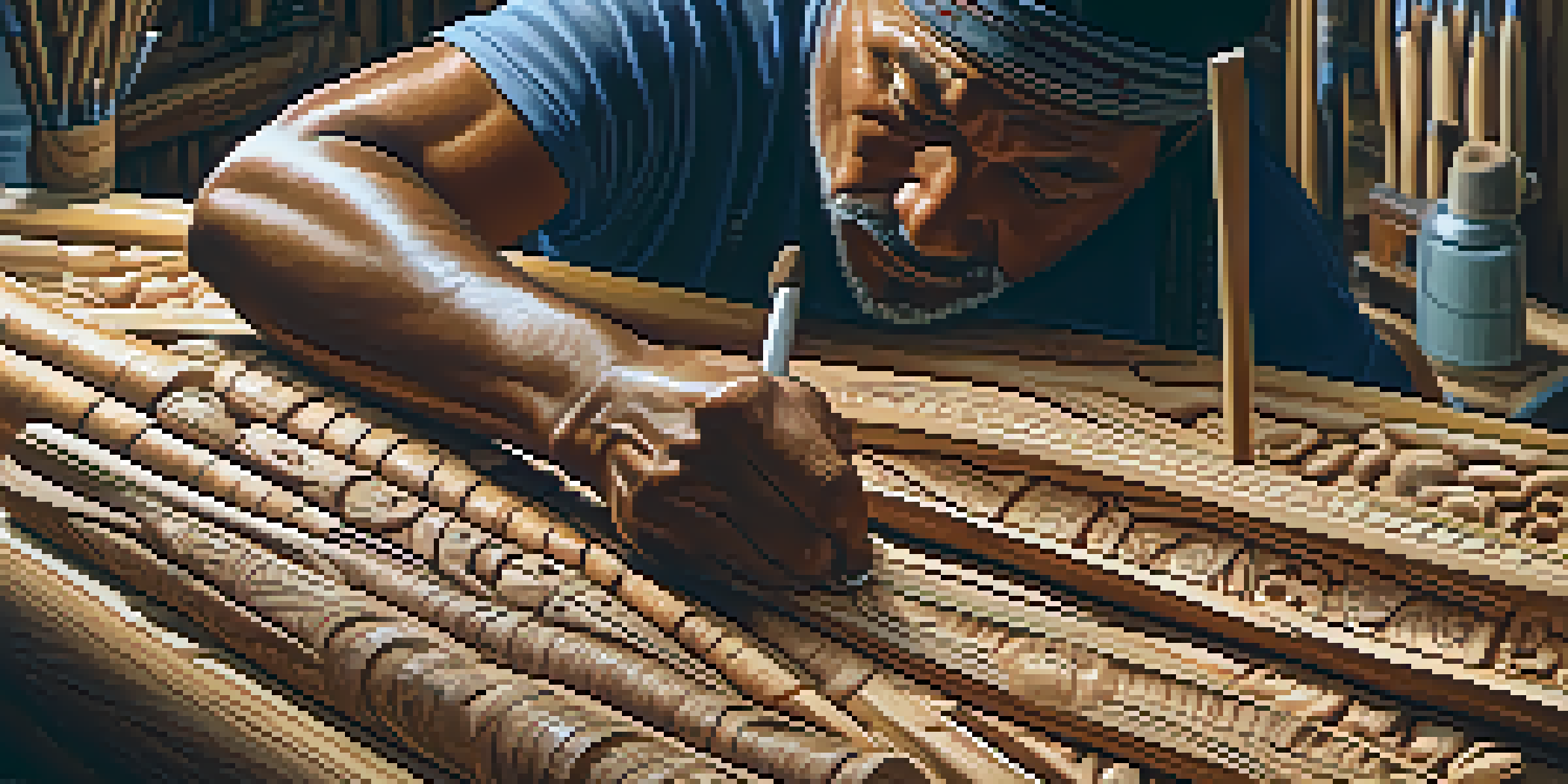 An Indigenous artisan focused on carving a detailed wooden totem pole, surrounded by tools and natural light highlighting the wood's texture.