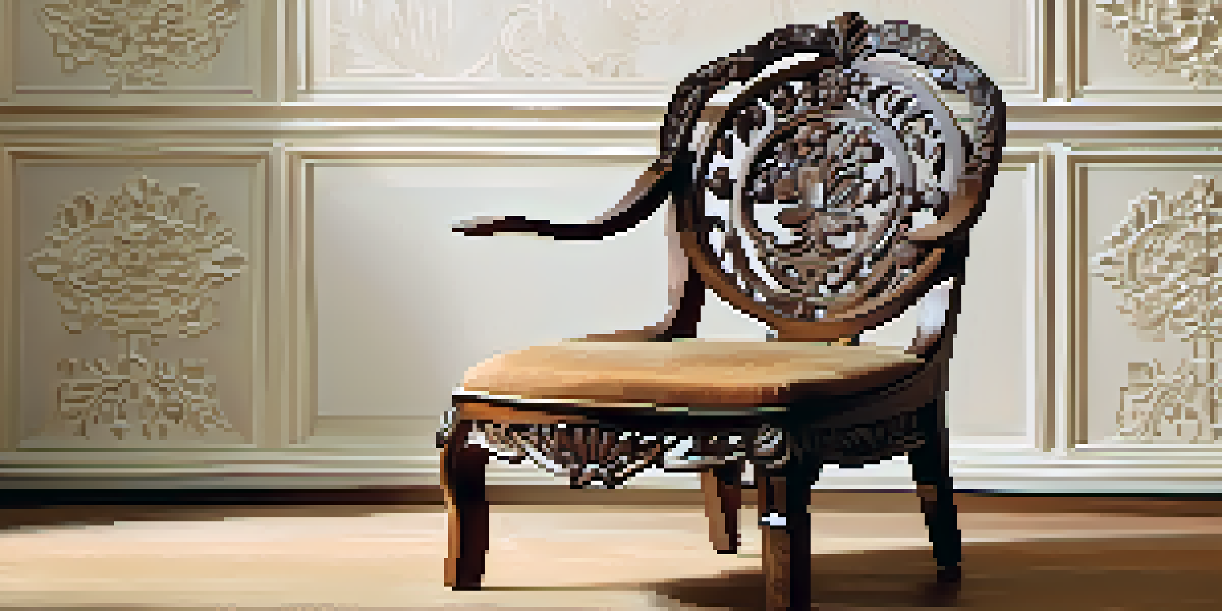 A close-up view of a beautifully carved wooden chair with intricate floral designs, illuminated by natural light.
